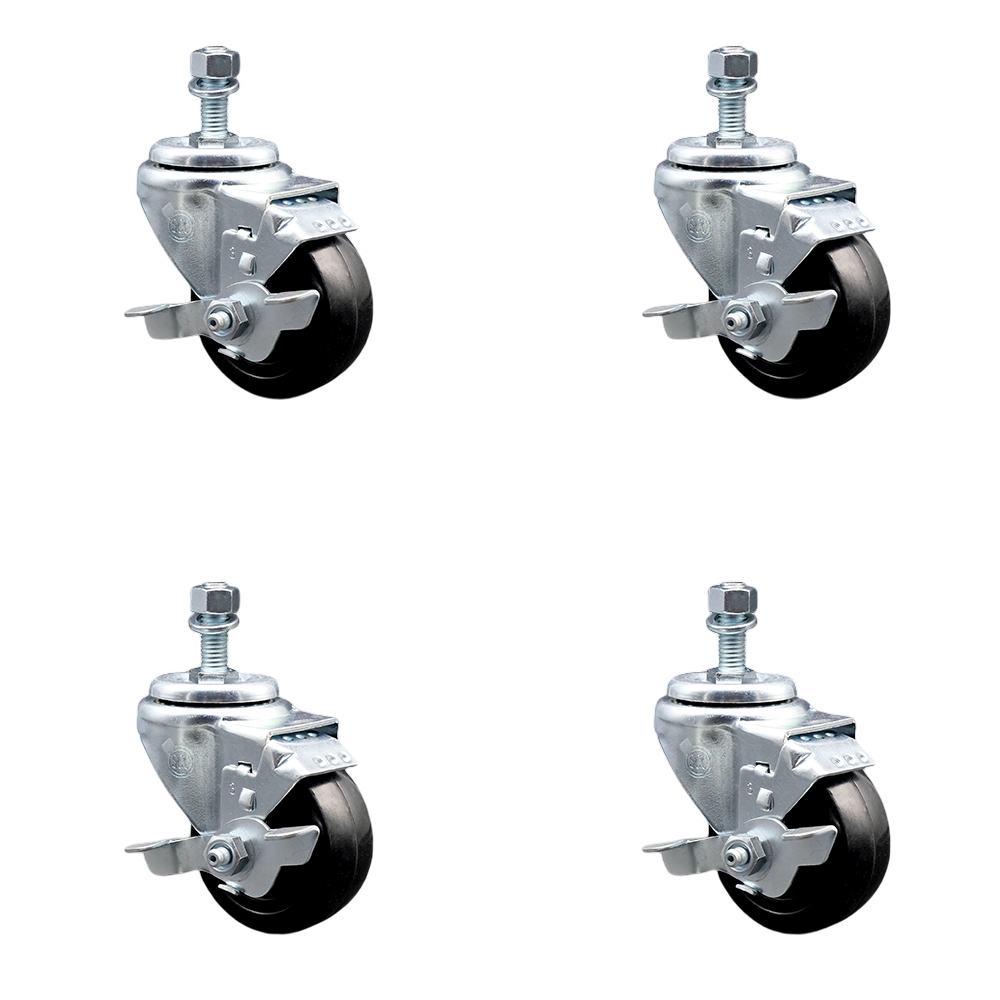SCC-SSTS20S314-HRS-TLB-M1215-4 Stainless Steel Hard Rubber Swivel Threaded Stem Caster with 3 x 1.25 in. Black Wheels & 12 mm Stems - Set of 4