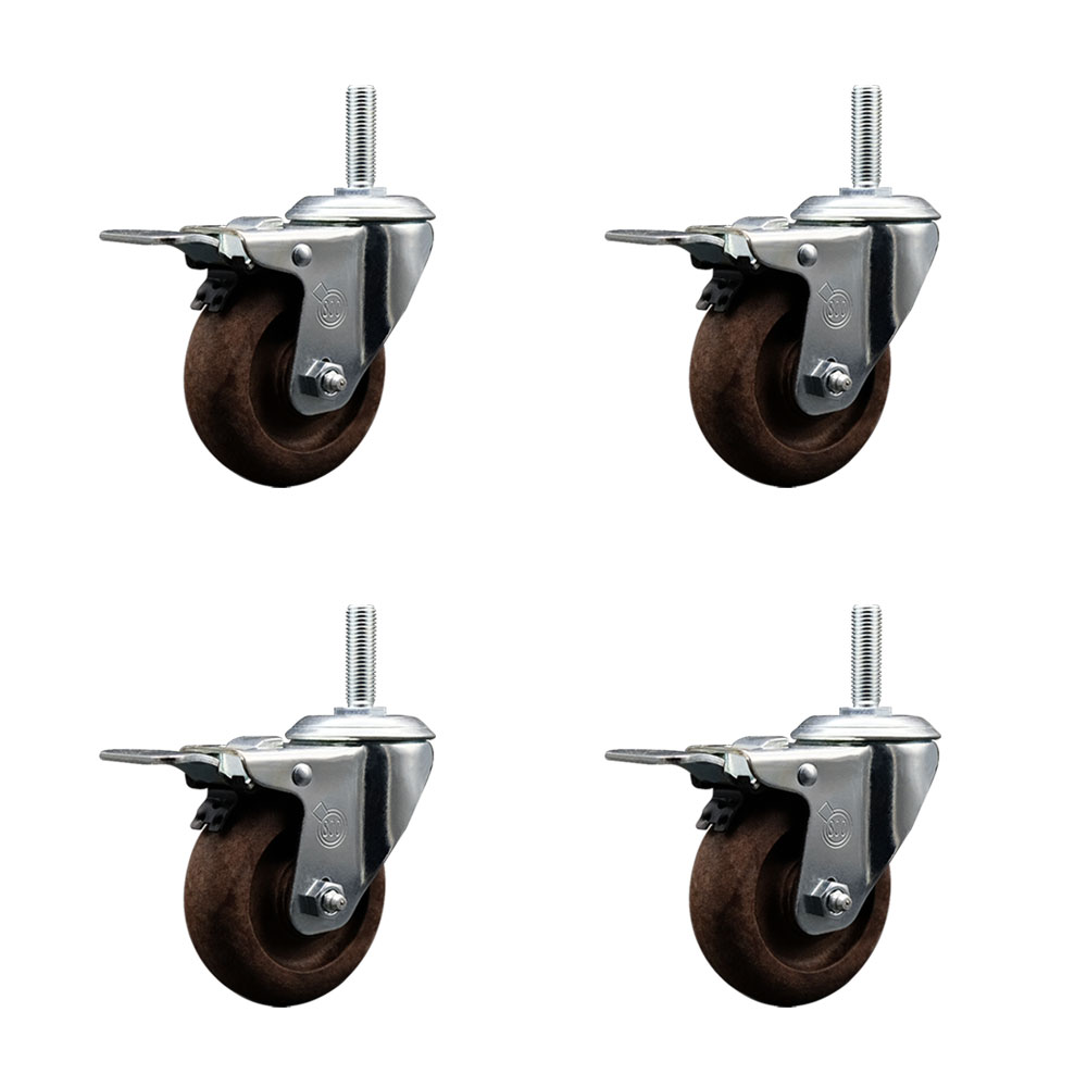 High Temperature Glass Filled Nylon Swivel Threaded Stem Caster with 3.5 x 1.25 in. Brown Wheels & 0.63 in. Stems - Set of 4
