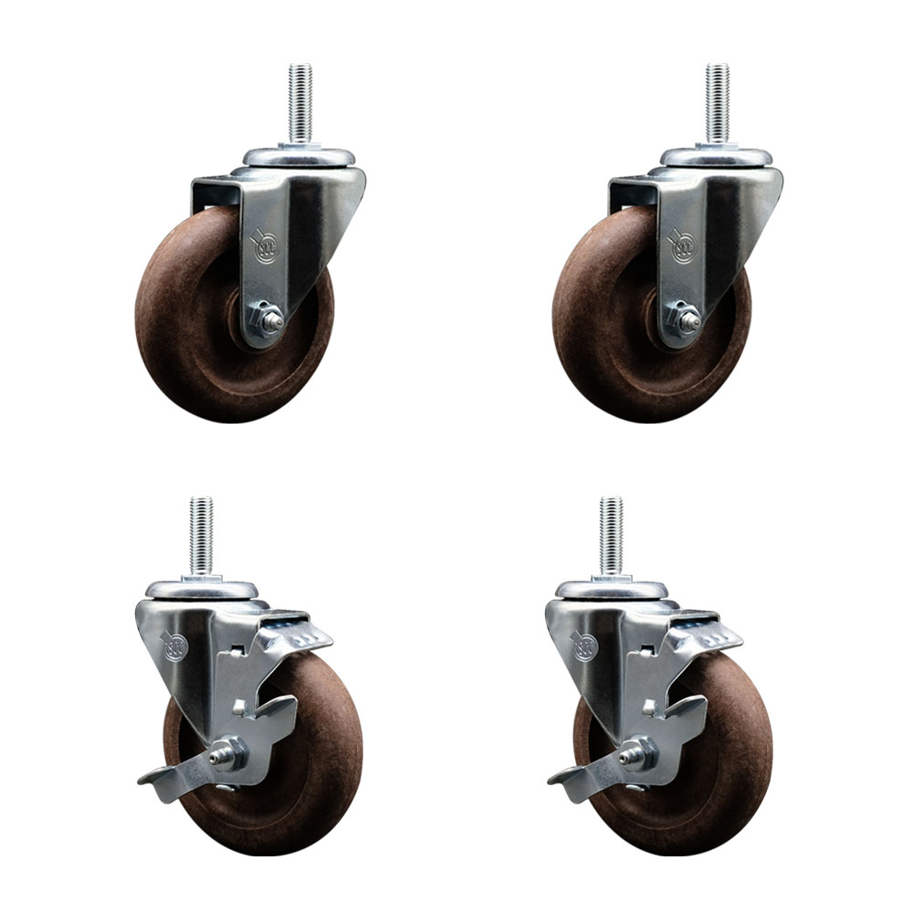 High Temperature Glass Filled Nylon Swivel Threaded Stem Caster with 4 x 1.25 in. Brown Wheels & 0.63 in. Stems - Set of 4