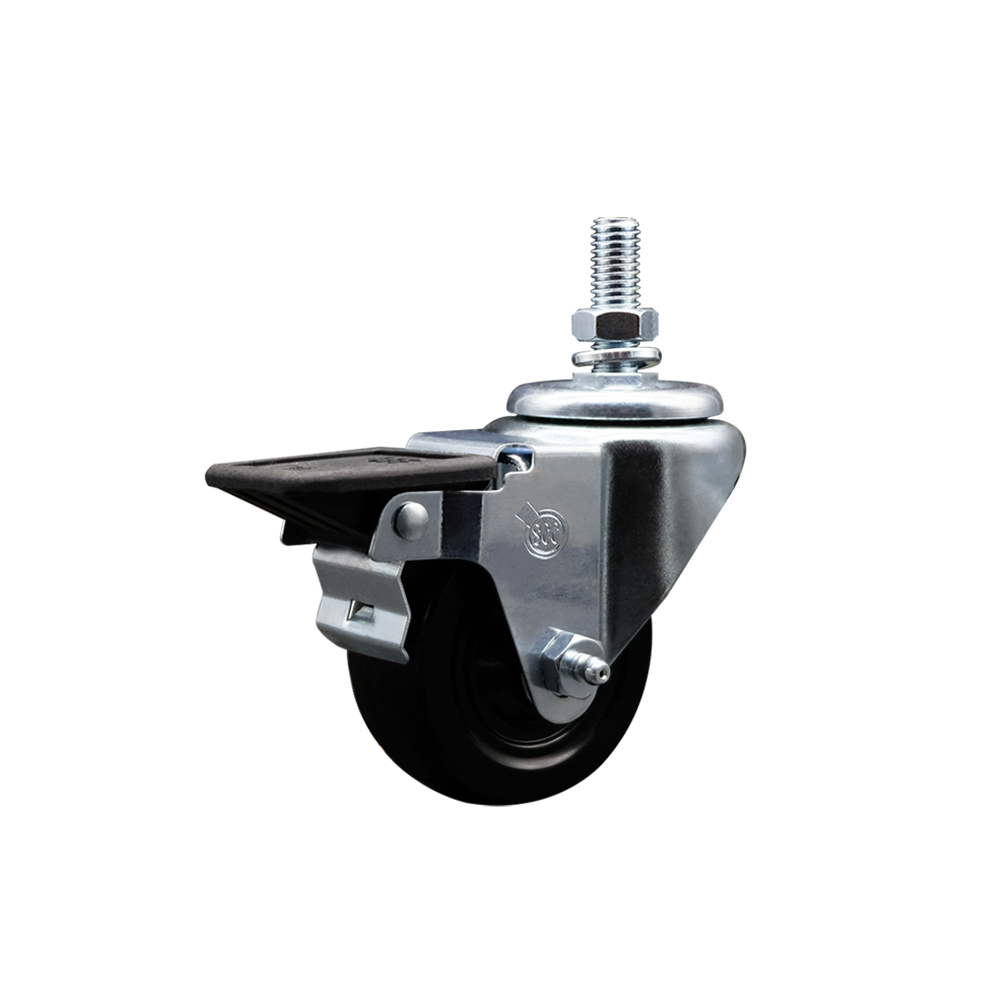 SCC-TS20S314-HRS-PLB-121315 Hard Rubber Swivel Threaded Stem Caster with 3 x 1.25 in. Black Wheel & 0.5 in. Stem & Posi Locking Brake