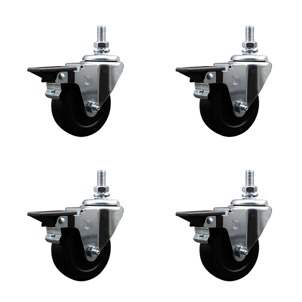 SCC-TS20S3514-HRS-PLB-M1015-4 Hard Rubber Swivel Threaded Stem Caster with 3.5 x 1.25 in. Black Wheels & 10 mm Stems - Set of 4