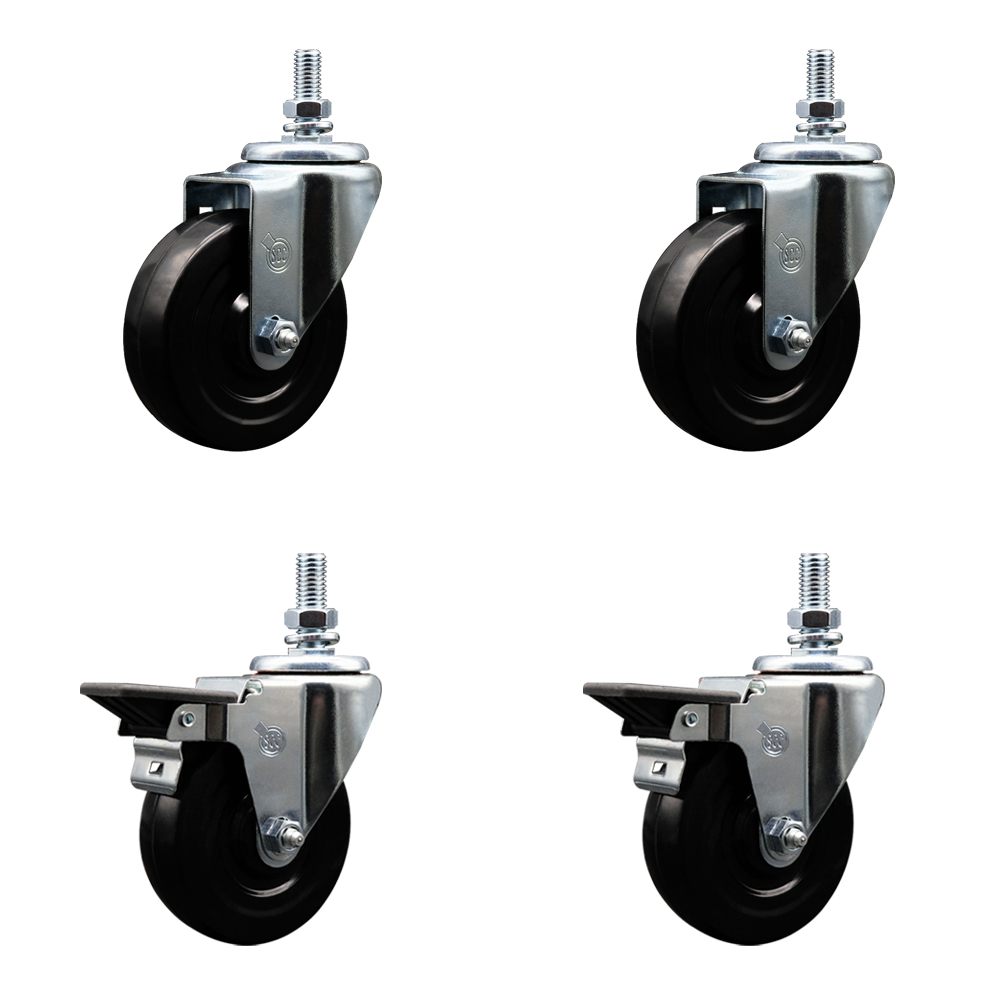 SCC-TS20S414-HRS-M1015-2-PLB-2 Hard Rubber Swivel Threaded Stem Caster with 4 x 1.25 in. Black Wheels & 10 mm Stems - Set of 4