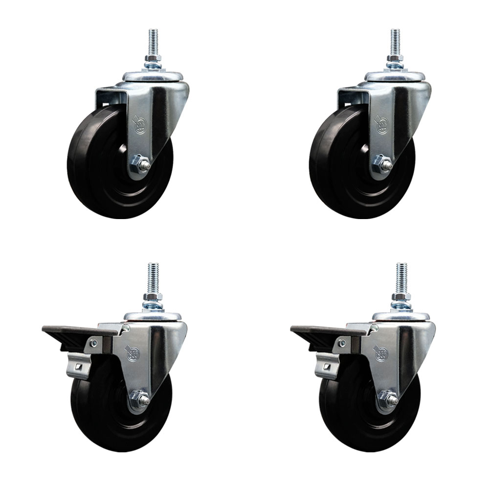 SCC-TS20S414-HRS-M1215-2-PLB-2 Hard Rubber Swivel Threaded Stem Caster with 4 x 1.25 in. Black Wheels & 12 mm Stems - Set of 4