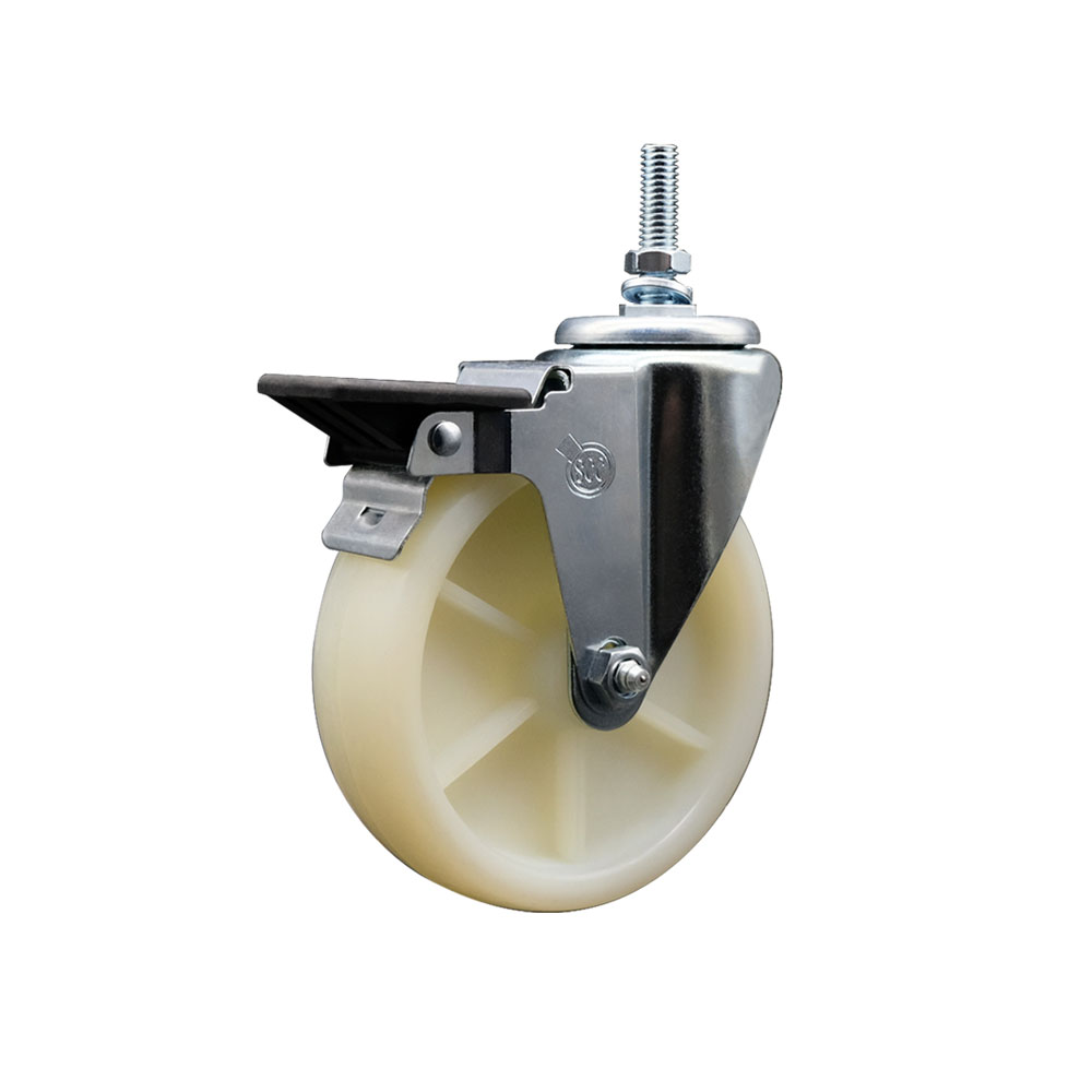 SCC-TS20S514-NYS-PLB-M1215 Nylon Swivel Threaded Stem Caster with 5 x 1.25 in. White Wheel & 12 mm Stem & Posi Locking Brake