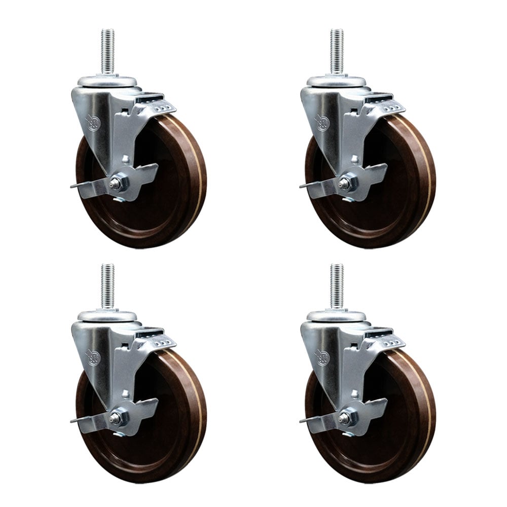 SCC-TS20S514-PHRHT-TLB-58212-4 High Temperature Phenolic Swivel Threaded Stem Caster with 5 x 1.25 in. Brown Wheels & 0.63 in. Stems - Set of 4