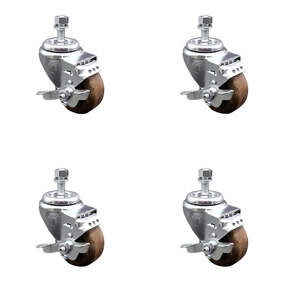 High Temperature Glass Filled Nylon Swivel Threaded Stem Caster with 3.5 x 1.25 in. Brown Wheels & 0.5 in. Stems - Set of 4