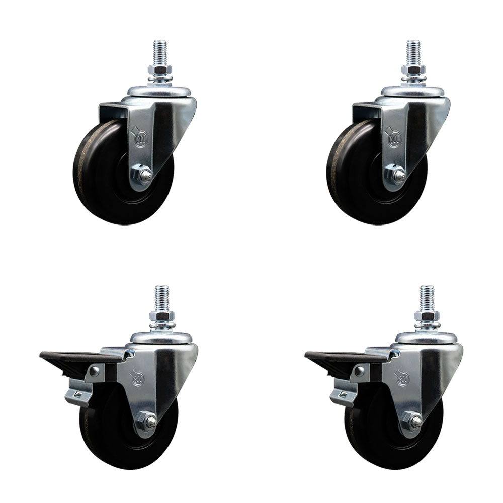 SCC-TS20S3514-PHR-M1015-2-PLB-2 Phenolic Swivel Threaded Stem Caster with 3.5 x 1.25 in. Black Wheels & 10 mm Stems - Set of 4