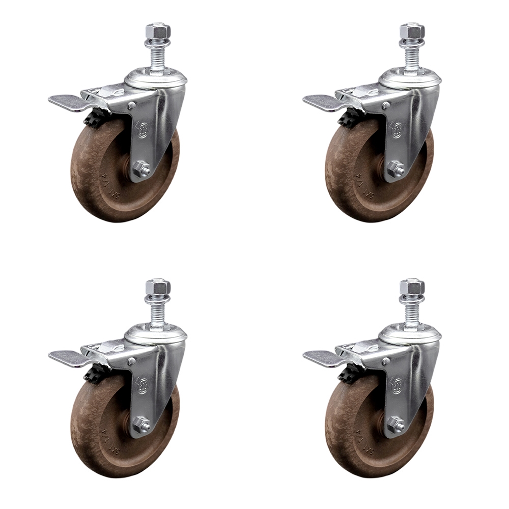 High Temperature Glass Filled Nylon Swivel Threaded Stem Caster with 5 x 1.25 in. Brown Wheels & 0.38 in. Stems - Set of 4