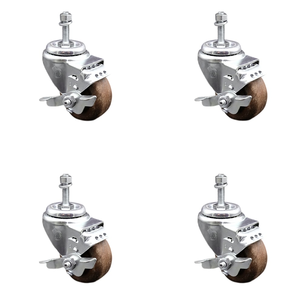 Stainless Steel High Temperature Glass Filled Nylon Swivel Threaded Stem Caster with 3.5 x 1.25 in. Brown Wheels & 10 mm Stems - Set of 4