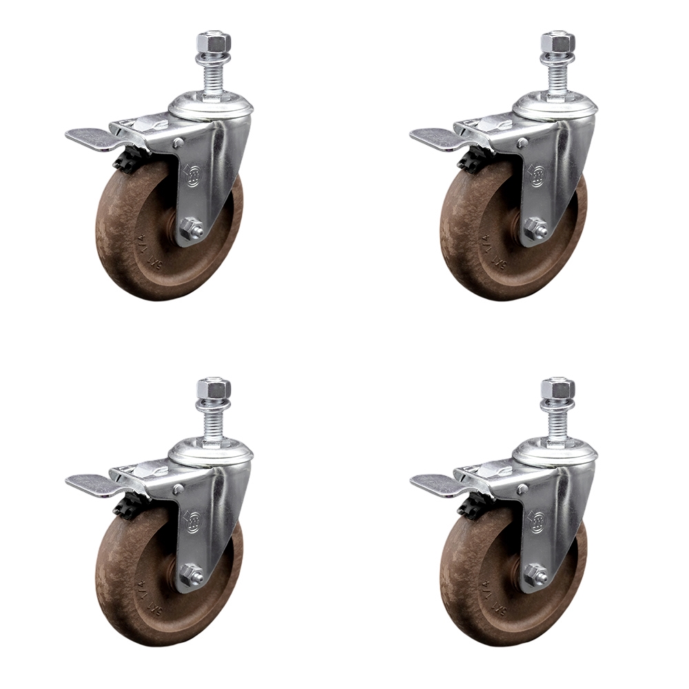Stainless Steel High Temperature Glass Filled Nylon Swivel Threaded Stem Caster with 5 x 1.25 in. Brown Wheels & 10 mm Stems - Set of 4