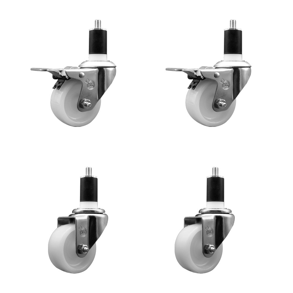 SCC-SSEXTTL20S314-NYS-2-S-2-112 Stainless Steel Nylon Swivel Expanding Stem Caster with 3 in. White Wheels & 1.5 in. Stems - Set of 4