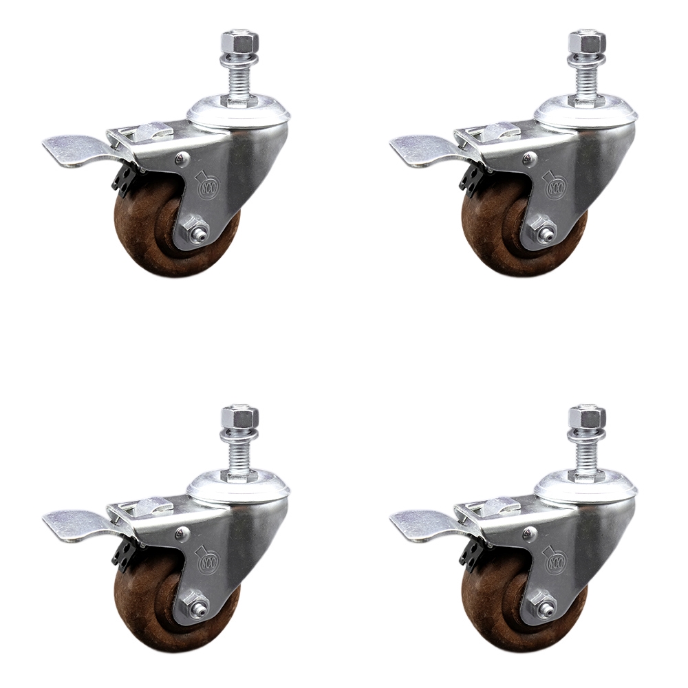 Stainless Steel High Temperature Glass Filled Nylon Swivel Threaded Stem Caster with 3 x 1.25 in. Brown Wheels & 12 mm Stems - Set of 4