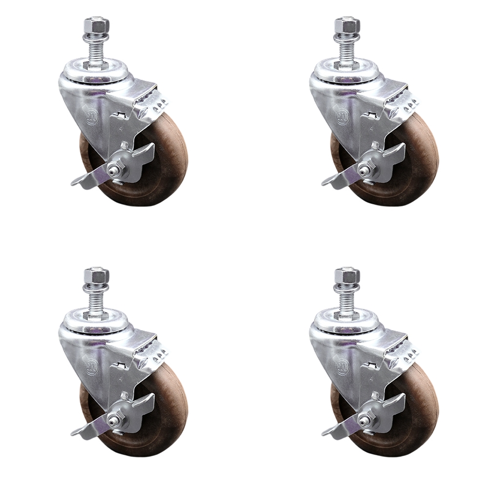Stainless Steel High Temperature Glass Filled Nylon Swivel Threaded Stem Caster with 4 x 1.25 in. Brown Wheels & 12 mm Stems - Set of 4