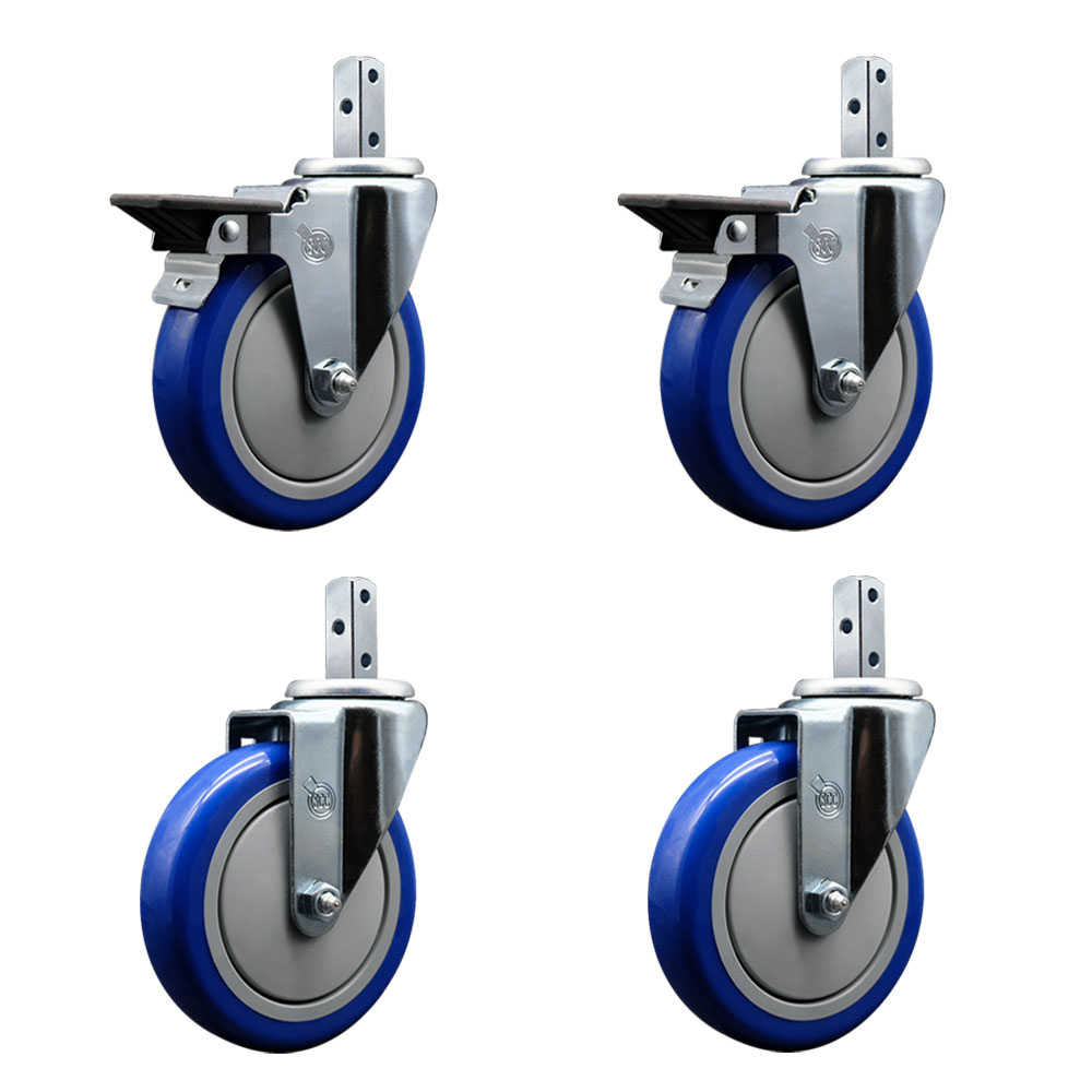 Swivel Square Stem Caster with 5 x 1.25 in. Blue Poly Wheel, 0.75 x 2 in. Square Stem with 3 0.26 in. Diameter Mounting Holes - Set of 4
