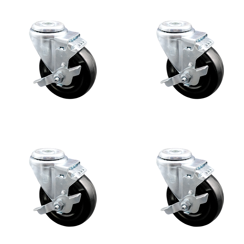 SCC-SSBH20S414-HRS-TLB-4 Stainless Steel Hard Rubber Swivel Bolt Hole Caster with 4 x 1.25 in. Black Wheels - Set of 4