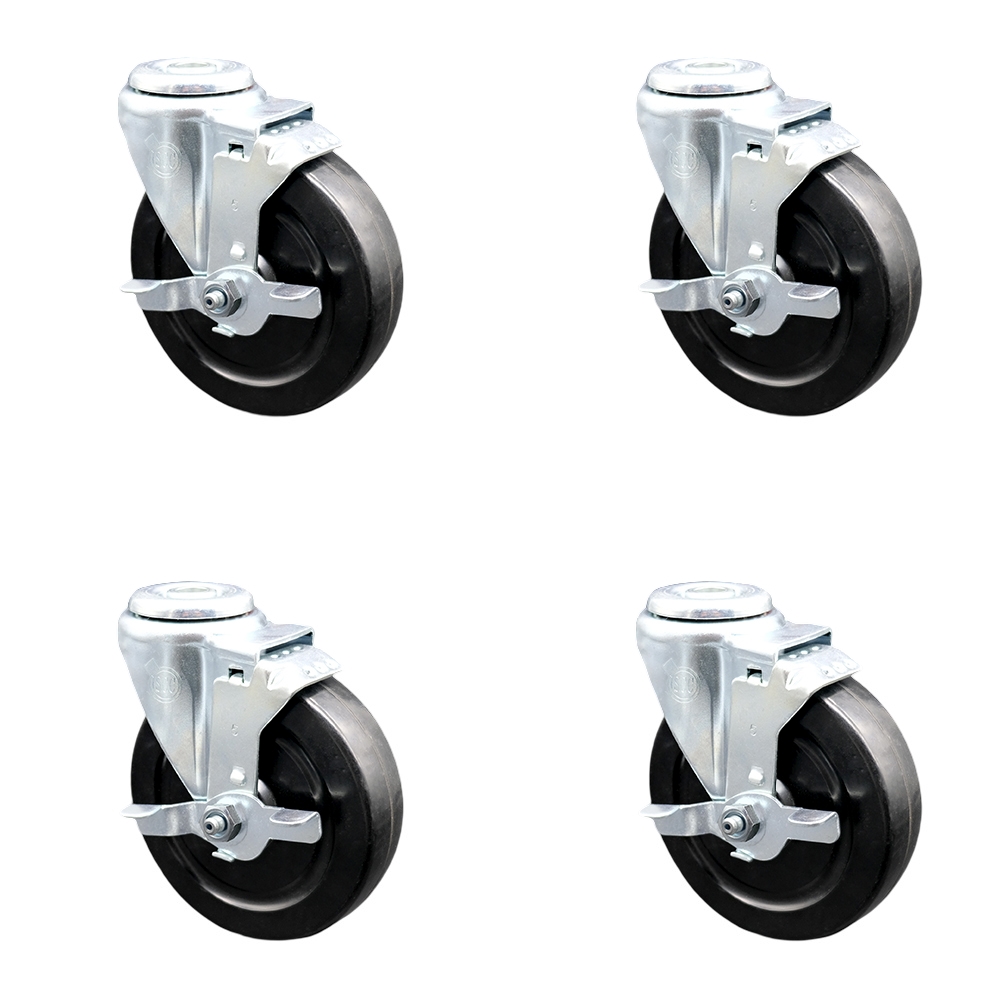 SCC-SSBH20S514-HRS-TLB-4 Stainless Steel Hard Rubber Swivel Bolt Hole Caster with 5 x 1.25 in. Black Wheels - Set of 4