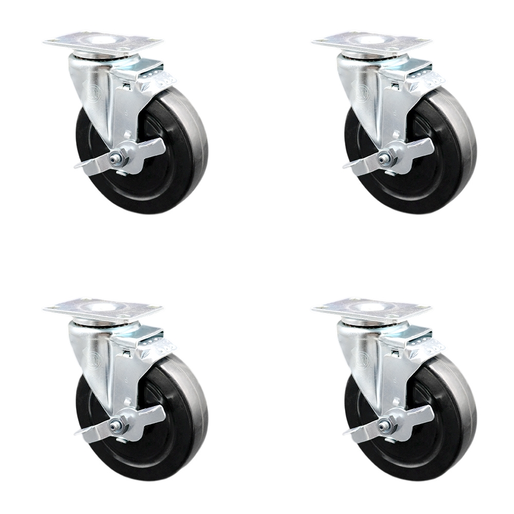 SCC-SS20S514-HRS-TLB-4 Stainless Steel Hard Rubber Swivel Top Plate Caster with 5 x 1.25 in. Black Wheels - Set of 4