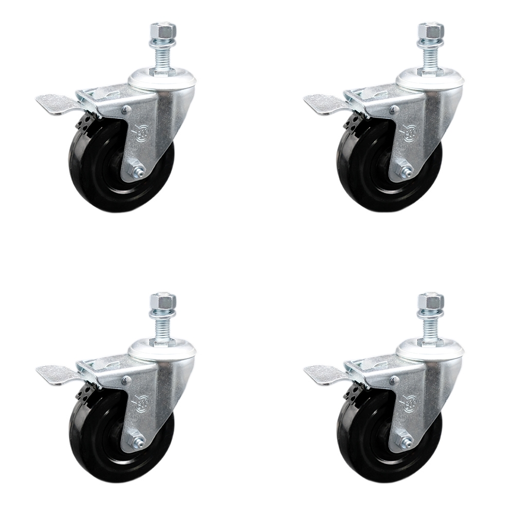 SCC-SSTSTTL20S414-HRS-M1015-4 Stainless Steel Hard Rubber Swivel Threaded Stem Caster with 4 x 1.25 in. Black Wheels & 10 mm Stems - Set of 4