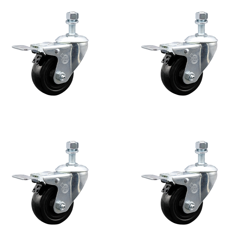 SCC-TSTTL20S314-HRS-M1215-4 Hard Rubber Swivel Threaded Stem Caster with 3 x 1.25 in. Black Wheels & 12 mm Stems - Set of 4