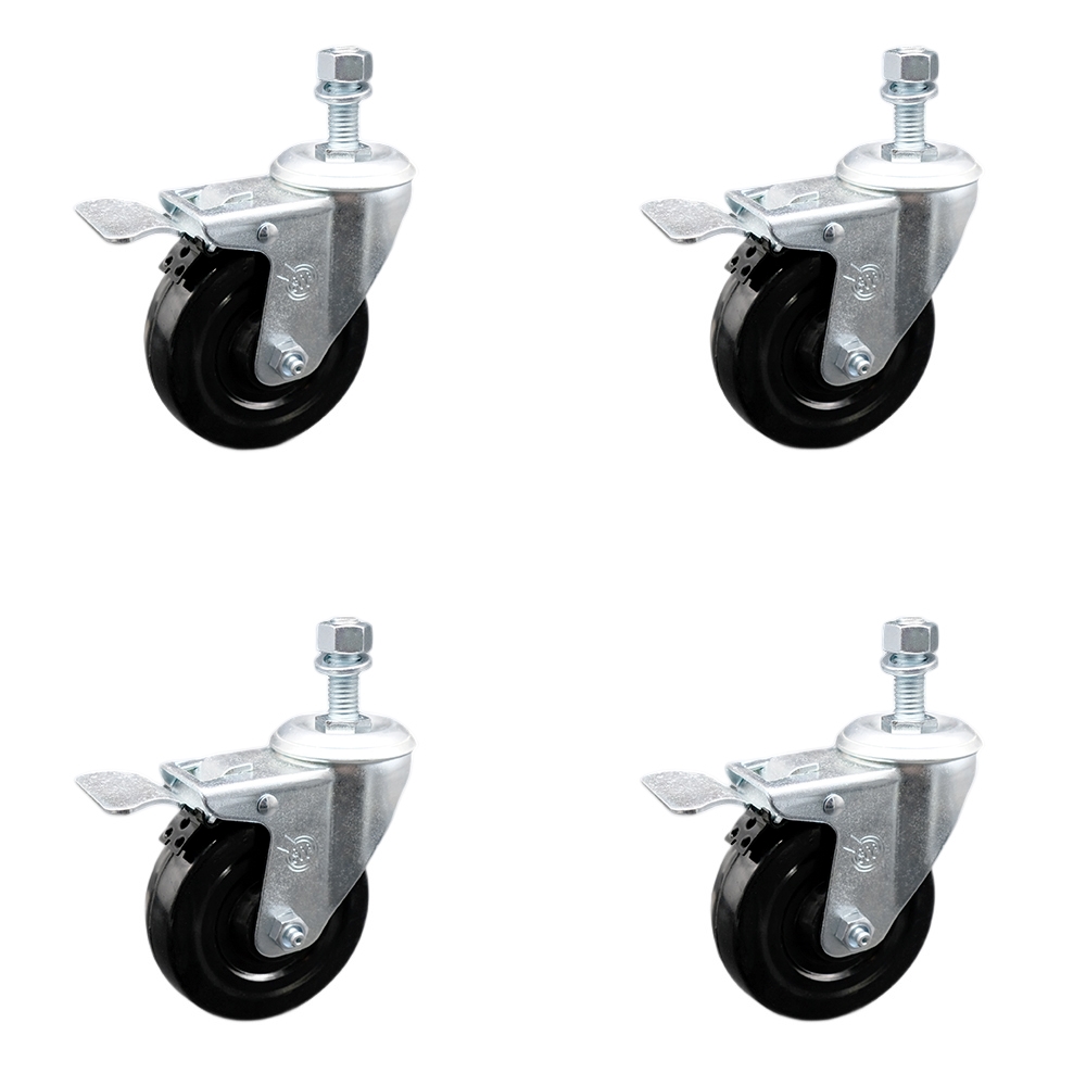 SCC-SSTSTTL20S414-HRS-M1215-4 Stainless Steel Hard Rubber Swivel Threaded Stem Caster with 4 x 1.25 in. Black Wheels & 12 mm Stems - Set of 4