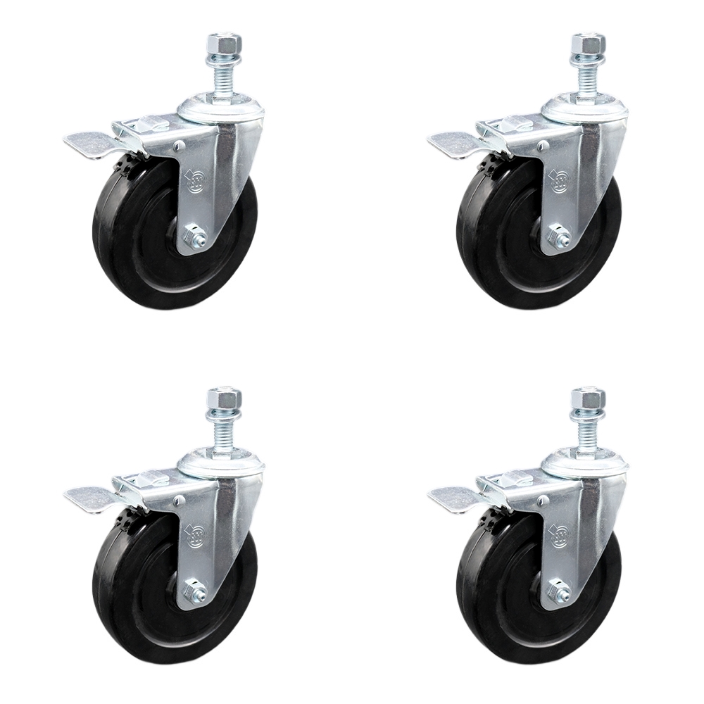 SCC-SSTSTTL20S514-HRS-M1215-4 Stainless Steel Hard Rubber Swivel Threaded Stem Caster with 5 x 1.25 in. Black Wheels & 12 mm Stems - Set of 4
