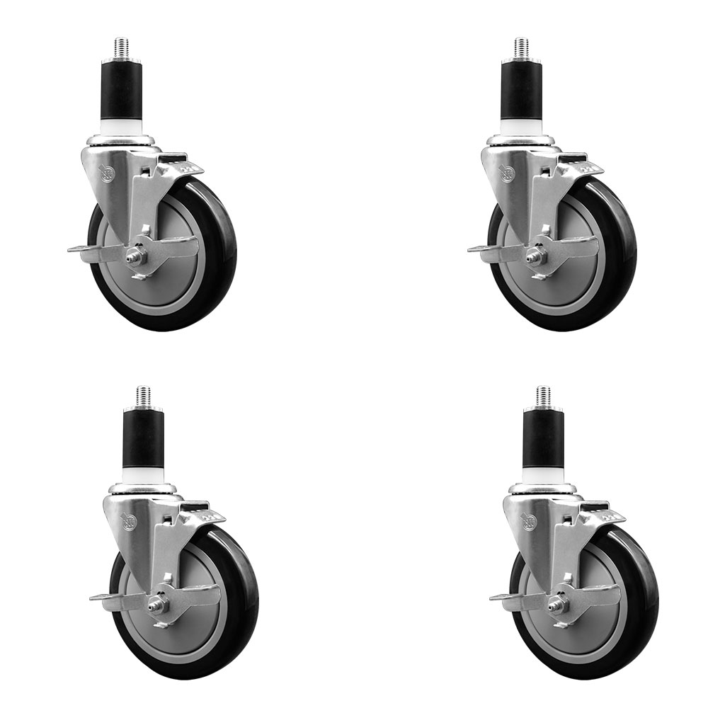 Stainless Steel Polyurethane Swivel Expanding Stem Caster with 5 in. Black Wheels & 1.5 in. Stems 4 Swivel with Top Locking Brakes - Set of 4