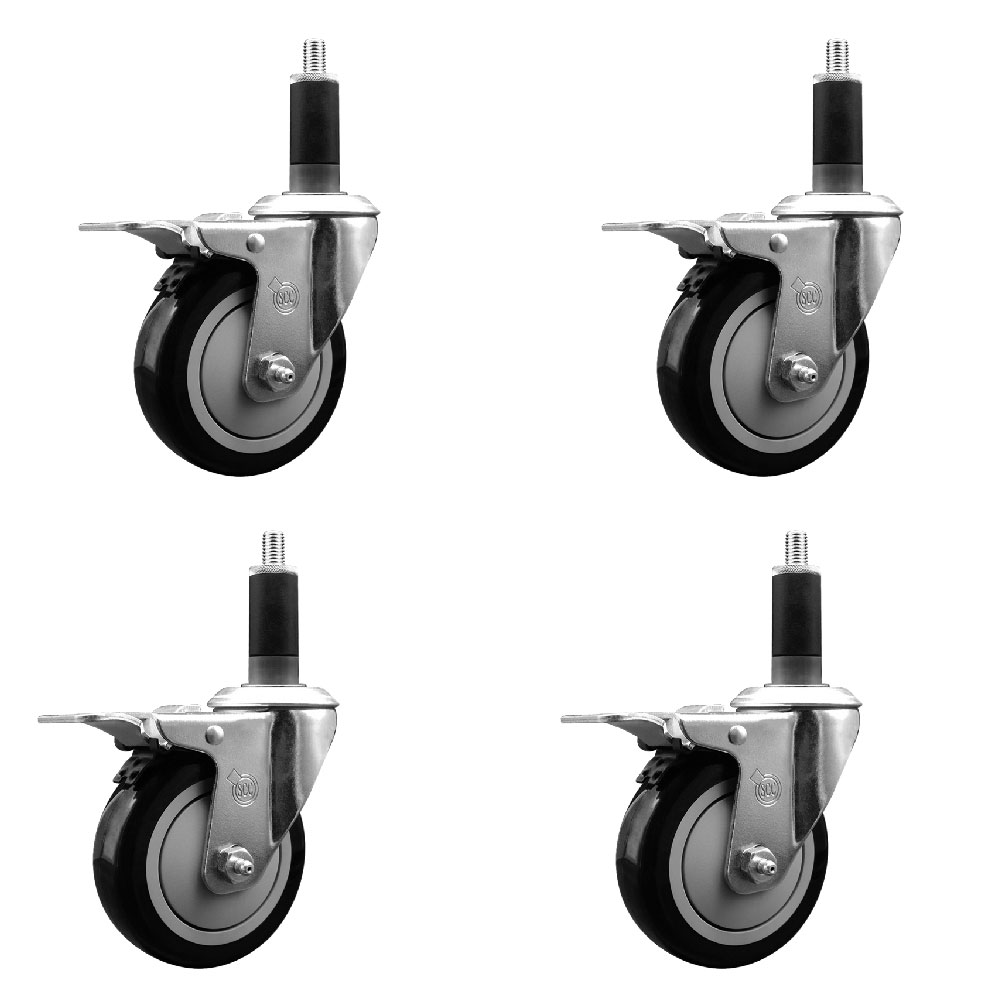 Stainless Steel Polyurethane Swivel Expanding Stem Caster with 4 in. Black & 1.13 in. Stems 4 Swivel with Total Locking Brakes - Set of 4