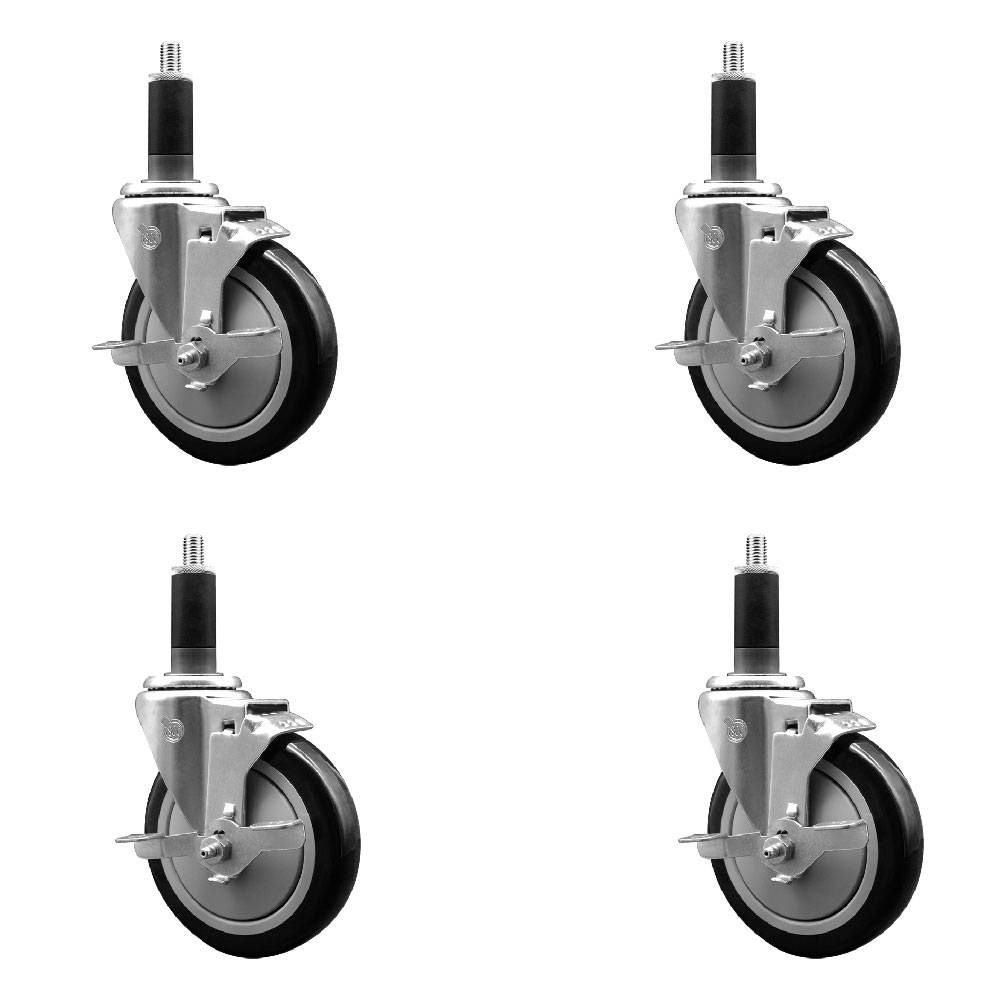 Stainless Steel Polyurethane Swivel Expanding Stem Caster with 5 in. Black Wheels & 1.13 in. Stems 4 Swivel - Set of 4