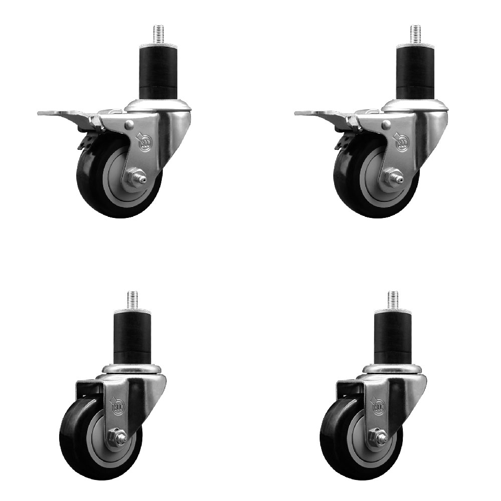 SCC-SSEXTTL20S314-PPUB-BLK-2-S-2-134 Stainless Steel Polyurethane Swivel Expanding Stem Caster with 3 in. Black Wheels & 1.75 in. Stems - Set of 4