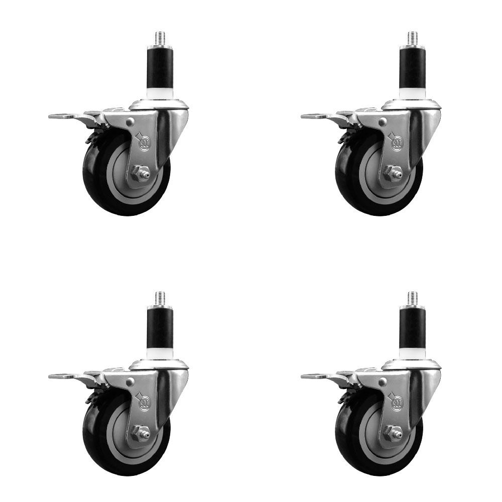Stainless Steel Polyurethane Swivel Expanding Stem Caster with 3.5 in. Black & 1.38 in. Stems 4 Swivel with Total Locking Brakes - Set of 4