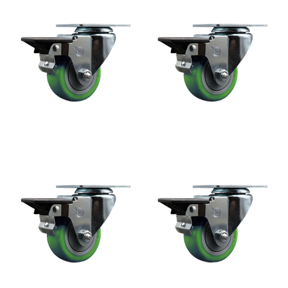 SCC-20S314-PPUB-GRN-PLB-4 Polyurethane Swivel Top Plate Caster with 3 in. Green Wheels - Set of 4