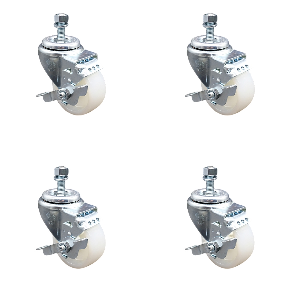 SCC-SSTS20S314-NYS-TLB-M1215-4 Stainless Steel Nylon Swivel Threaded Stem Caster with 3 x 1.25 in. White Wheels & 12 mm Stems - Set of 4