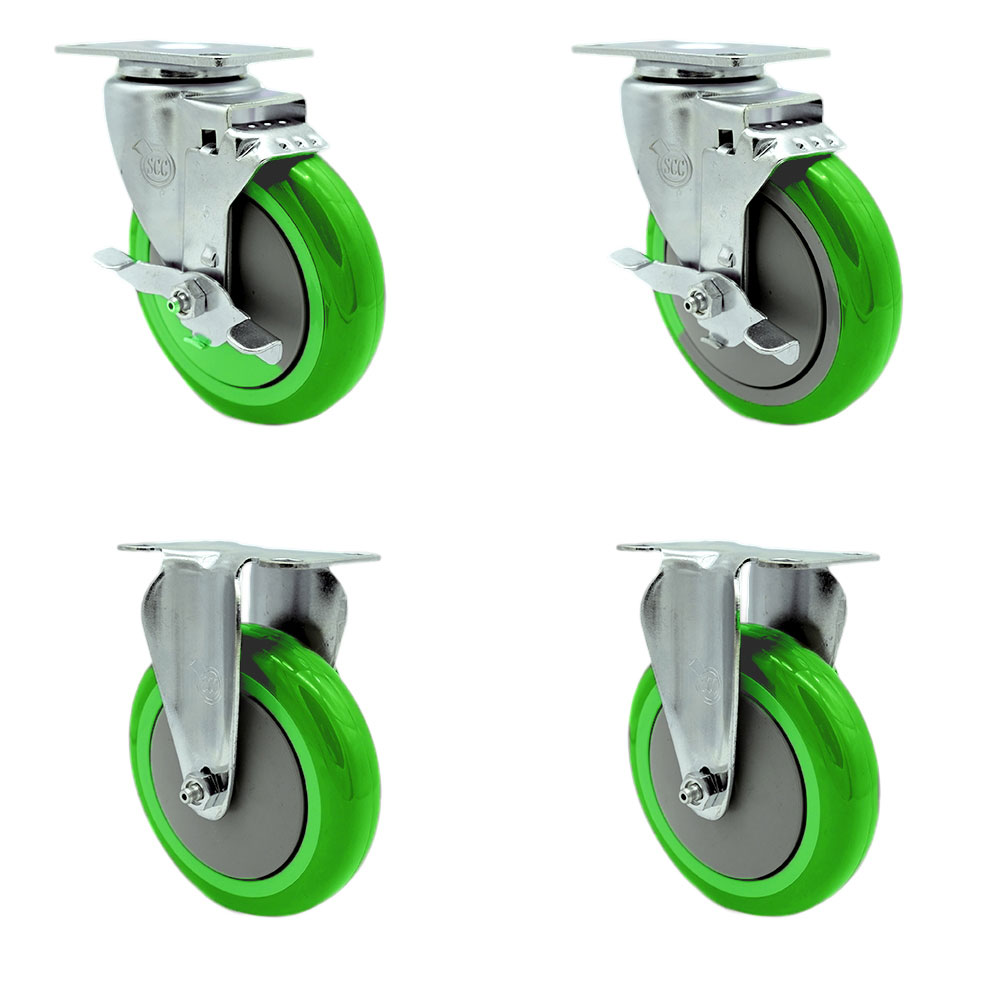 SCC-20S514-PPUB-GRN-TLB-2-R514-2 Polyurethane Swivel Top Plate Caster with 5 in. Green Wheels - Set of 4