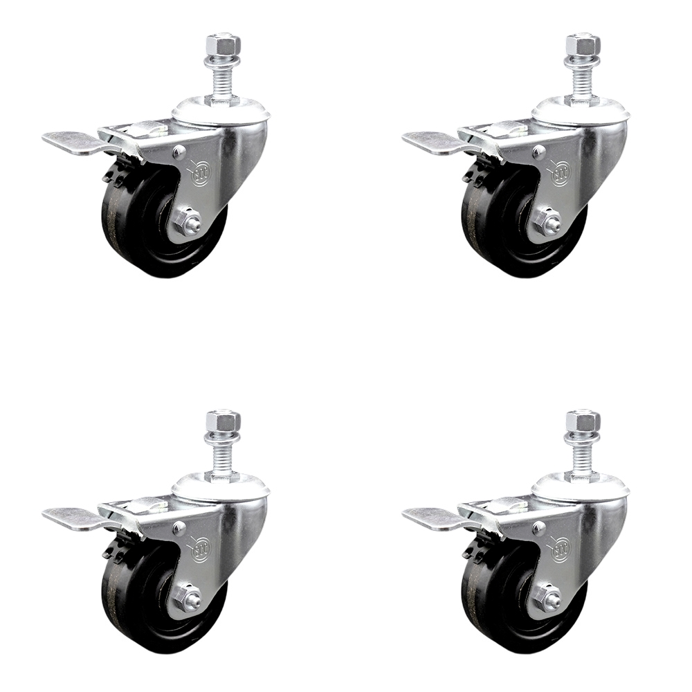 SCC-TSTTL20S3514-PHR-121315-4 Phenolic Swivel Threaded Stem Caster with Roller Bearing with 3.5 x 1.25 in. Black Wheels & 0.5 in. Stems - Set of 4