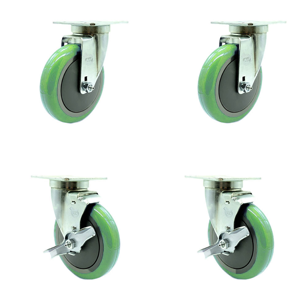 SCC-20S514-PPUB-GRN-TPU1-2-TLB-2 Universal Kitchen Casters 5 x 1.25 in. Polyurethane Green Wheels Caster - Non Marking - Set of 4
