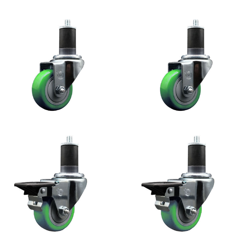 SCC-EX20S314-PPUB-GRN-2-PLB-2-158 Polyurethane Swivel Expanding Stem Caster with 3 in. Green Wheels & 1.63 in. Stems - Set of 4