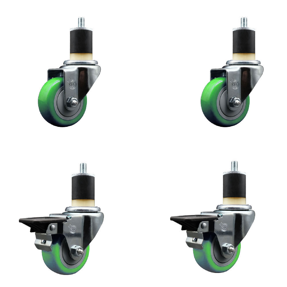 SCC-EX20S314-PPUB-GRN-2-PLB-2-178 Polyurethane Swivel Expanding Stem Caster with 3 in. Green Wheels & 1.87 in. Stems - Set of 4