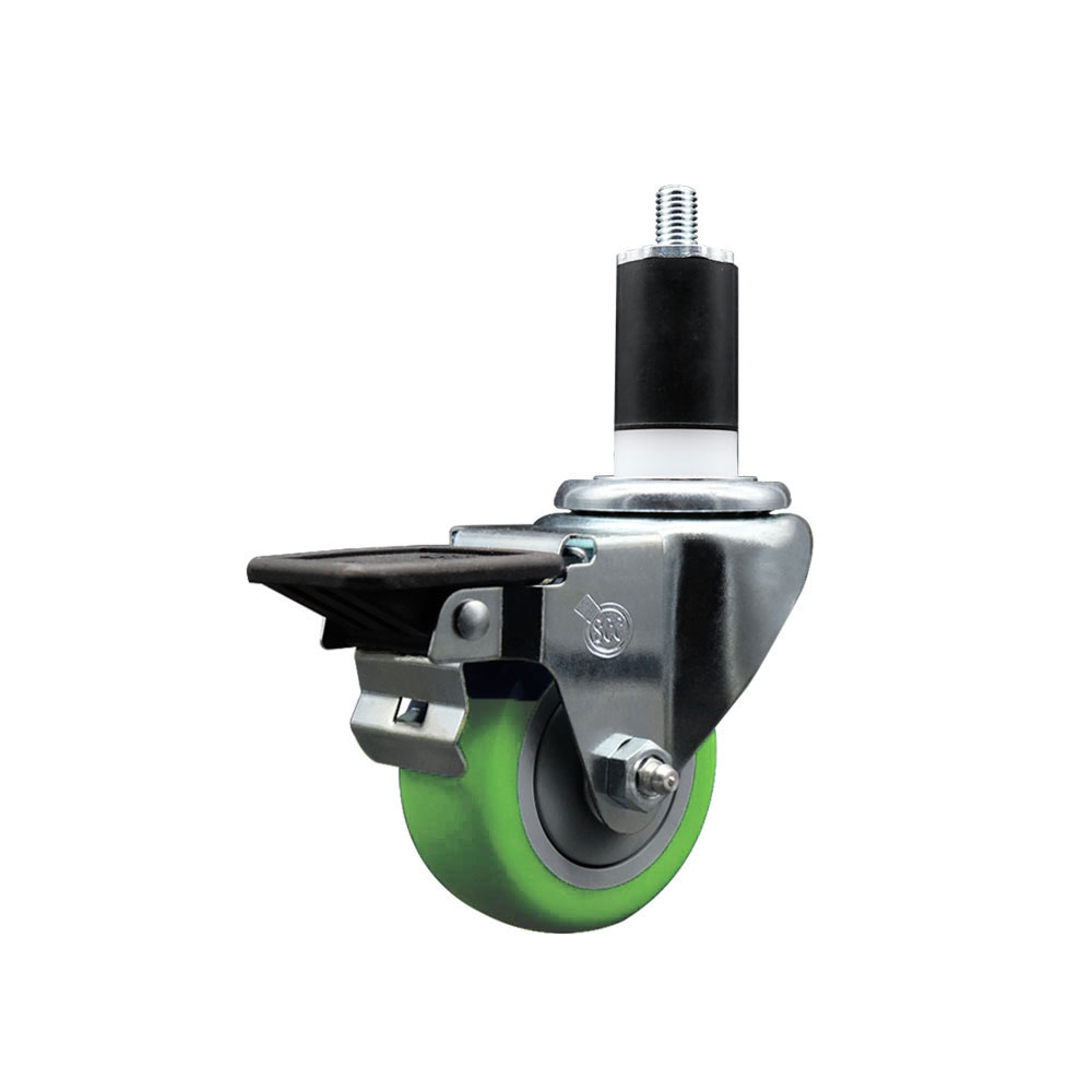 SCC-EX20S314-PPUB-GRN-PLB-112 Polyurethane Expanding Stem Swivel Caster with 3 in. Green Wheel & 1.5 in. Stem & Posi Locking Brake