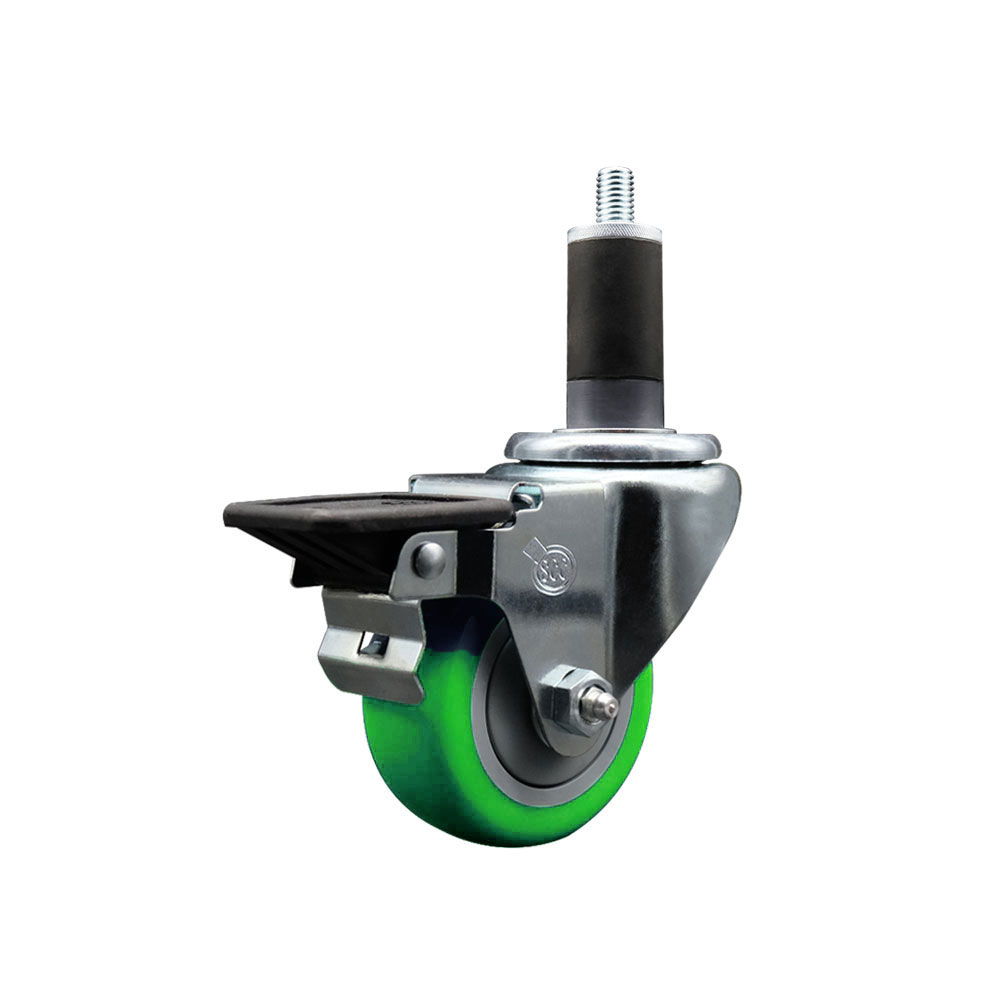 SCC-EX20S314-PPUB-GRN-PLB-114 Polyurethane Expanding Stem Swivel Caster with 3 in. Green Wheel & 1.25 in. Stem & Posi Locking Brake