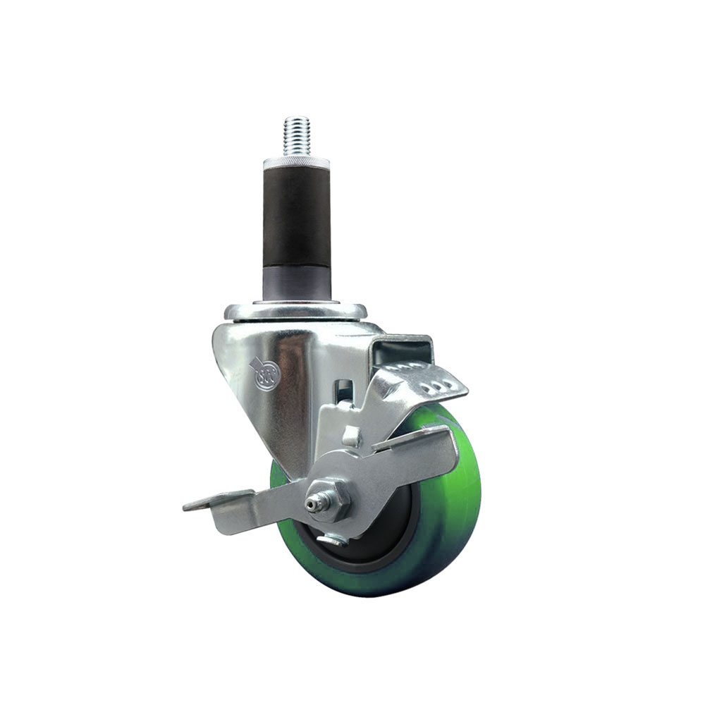Polyurethane Expanding Stem Swivel Caster with 3 in. Green Wheel & 1.25 in. Stem & Top Locking Brake