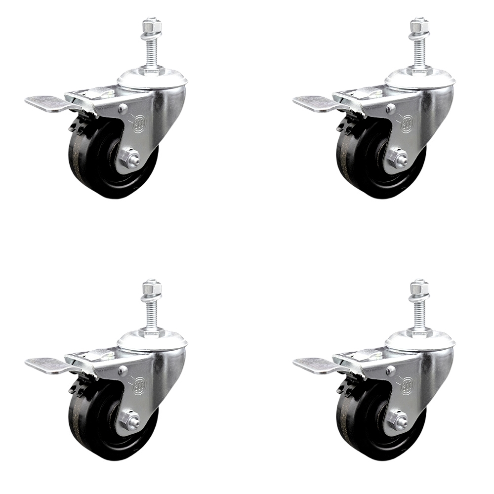 SCC-TSTTL20S3514-PHR-M1015-4 Phenolic Swivel Threaded Stem Caster with Roller Bearing with 3.5 x 1.25 in. Black Wheels & 10 mm Stems - Set of 4