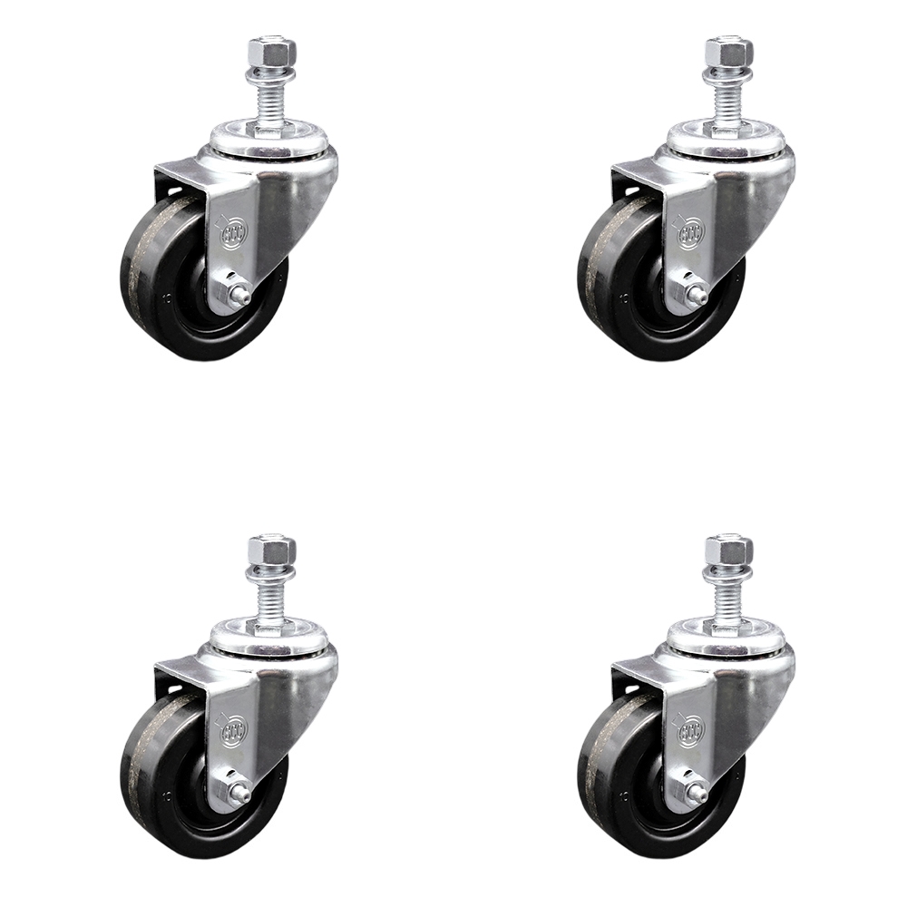 SCC-TS20S3514-PHR-M1215-4 Phenolic Swivel Threaded Stem Caster with Roller Bearing with 3.5 x 1.25 in. Black Wheels & 12 mm Stems - Set of 4