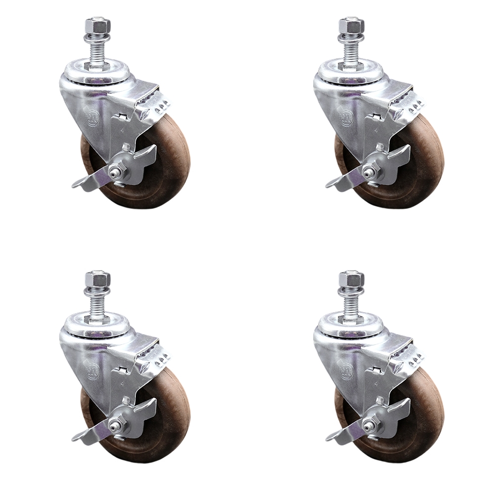 High Temperature Glass Filled Nylon Swivel Threaded Stem Caster with 4 x 1.25 in. Brown Wheels & 10 mm Stems - Set of 4