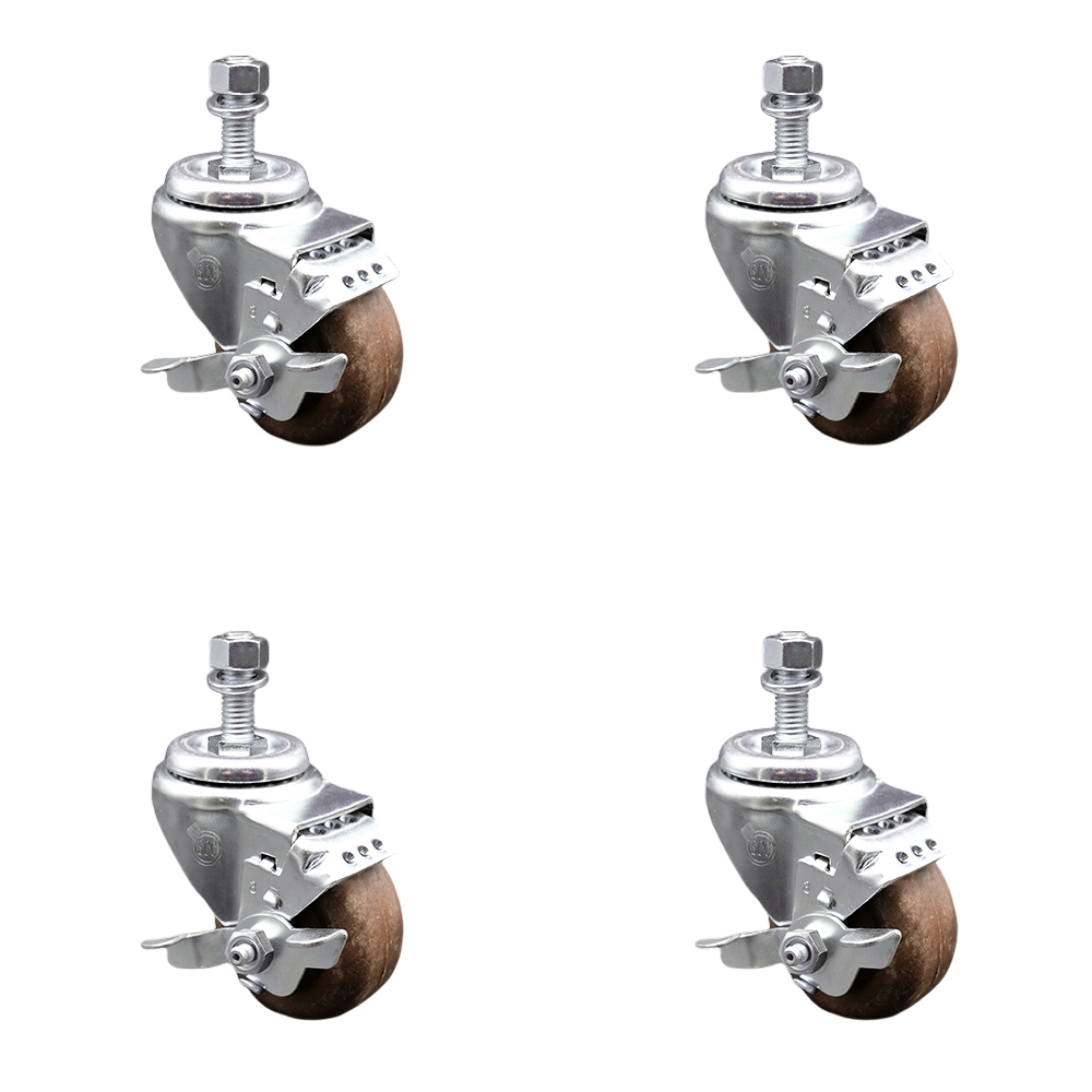 Stainless Steel High Temperature Glass Filled Nylon Swivel Threaded Stem Caster with 3 x 1.25 in. Brown Wheels & 12 mm Stems - Set of 4