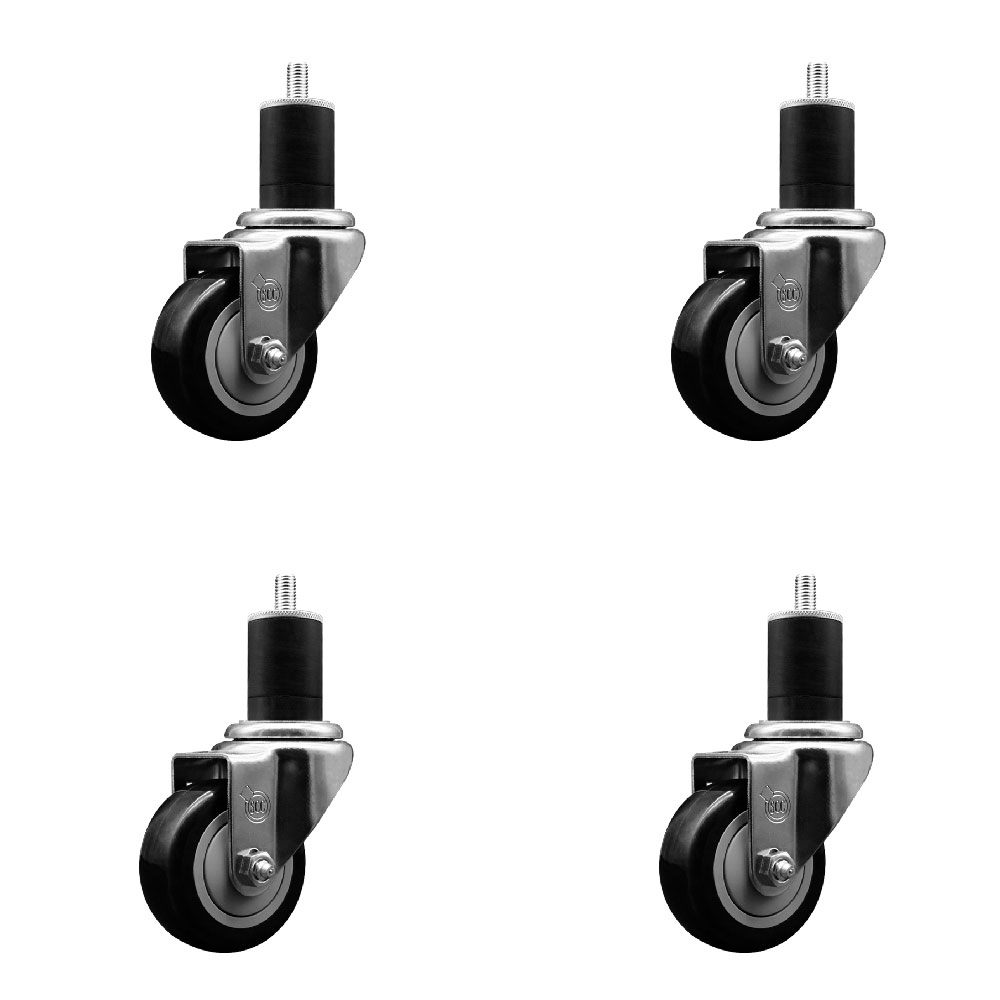 SCC-EX20S314-PPUB-BLK-134-4 Polyurethane Swivel Expanding Stem Caster with 3 in. Black Wheels & 1.75 in. Stems - Set of 4