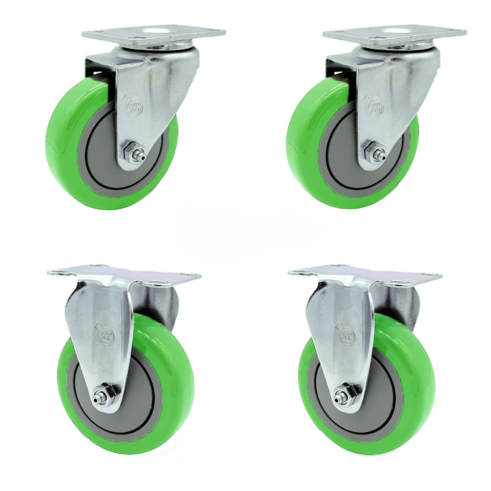 SCC-20S414-PPUB-GRN-TP3-2-R-2 Swivel Caster with 2 Rigid Casters 4 in. Green Polyurethane Wheel 4 x 4.5 in. Overall Top Plate - Set of 4