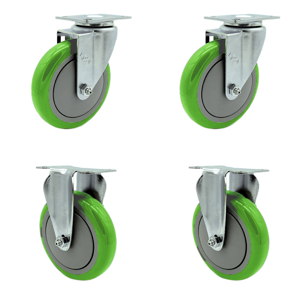 Swivel Caster with 2 Rigid Casters 5 in. Green Polyurethane Wheel 4 x 4.5 in. Overall Top Plate - Set of 4
