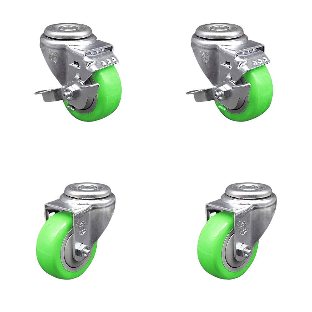SCC-BH20S3514-PPUB-GRN-TLB-2-S-2 Polyurethane Swivel Bolt Hole Caster with 3.5 x 1.25 in. Green Wheels - Set of 4