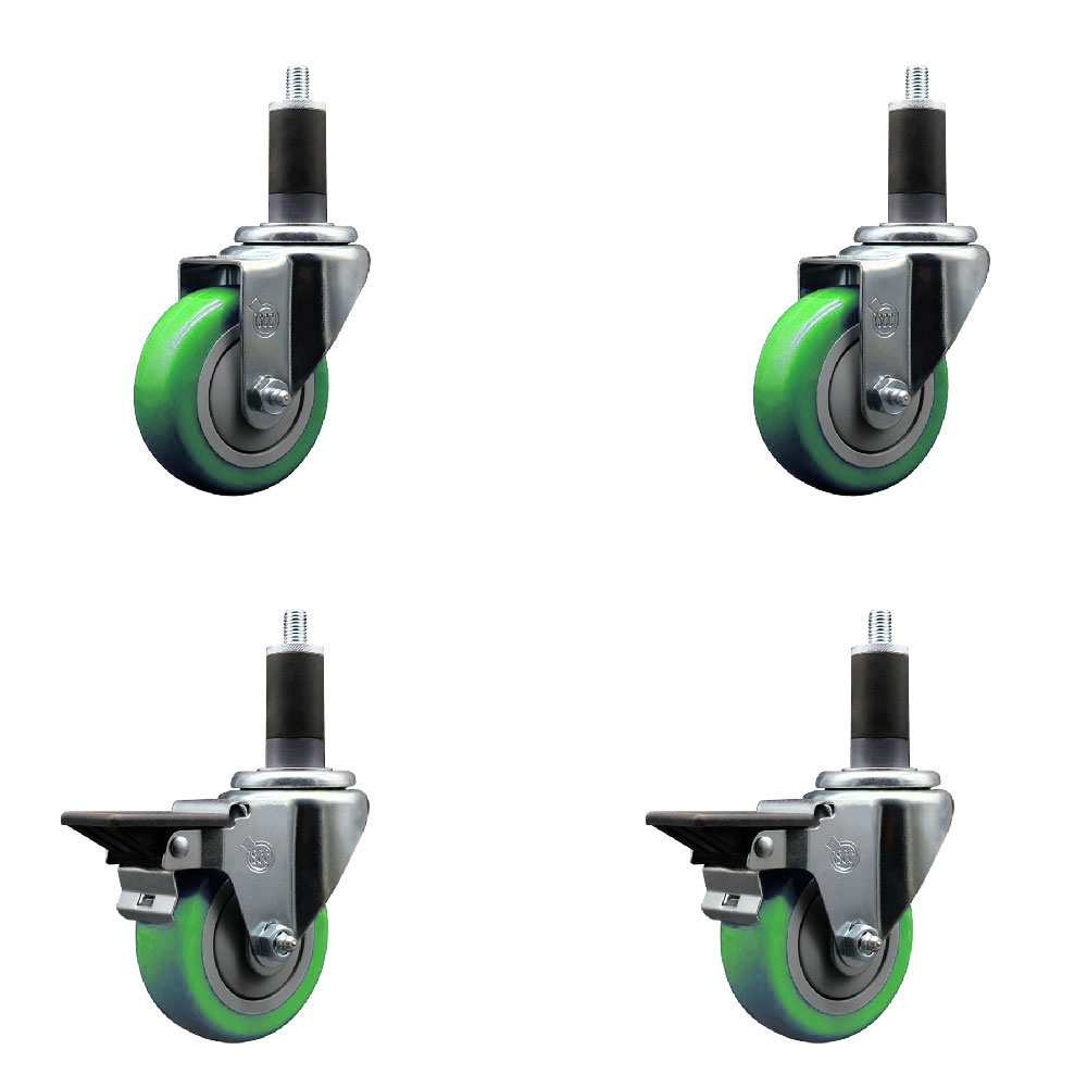 SCC-EX20S3514-PPUB-GRN-2-PLB-2-114 Polyurethane Swivel Expanding Stem Caster with 3.5 in. Green Wheels & 1.25 in. Stems - Set of 4