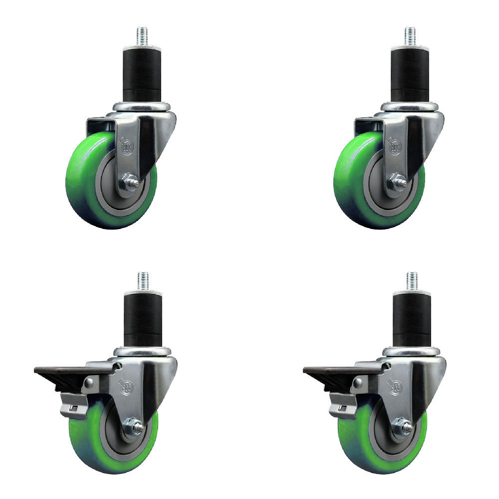 SCC-EX20S3514-PPUB-GRN-2-PLB-2-134 Polyurethane Swivel Expanding Stem Caster with 3.5 in. Green Wheels & 1.75 in. Stems - Set of 4